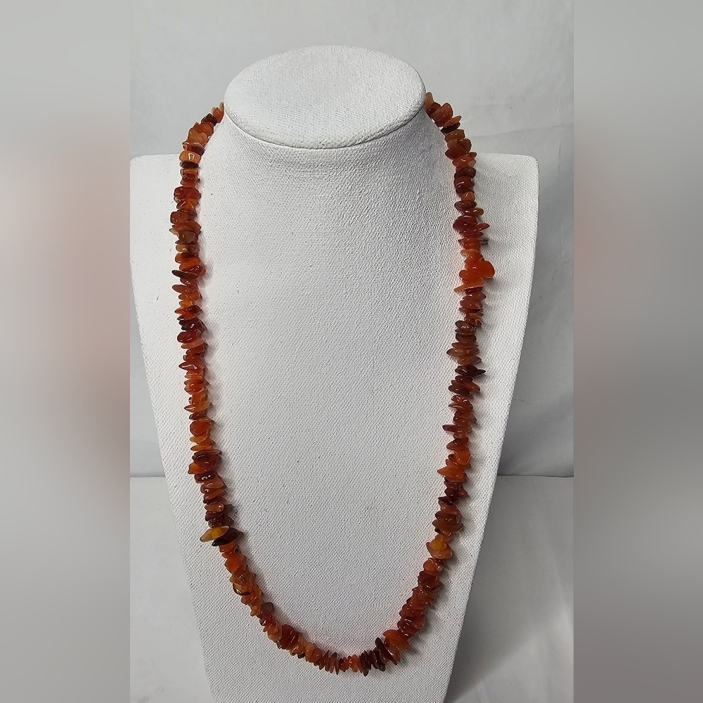 Stone Necklace Carnelian Agate Orange Nugget Beaded 25” Healing Stone